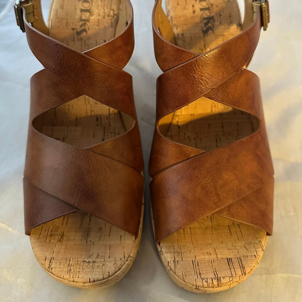 Kork-Ease Tan Leather Cork Platform Wedge Sandals - Picture 2 of 8